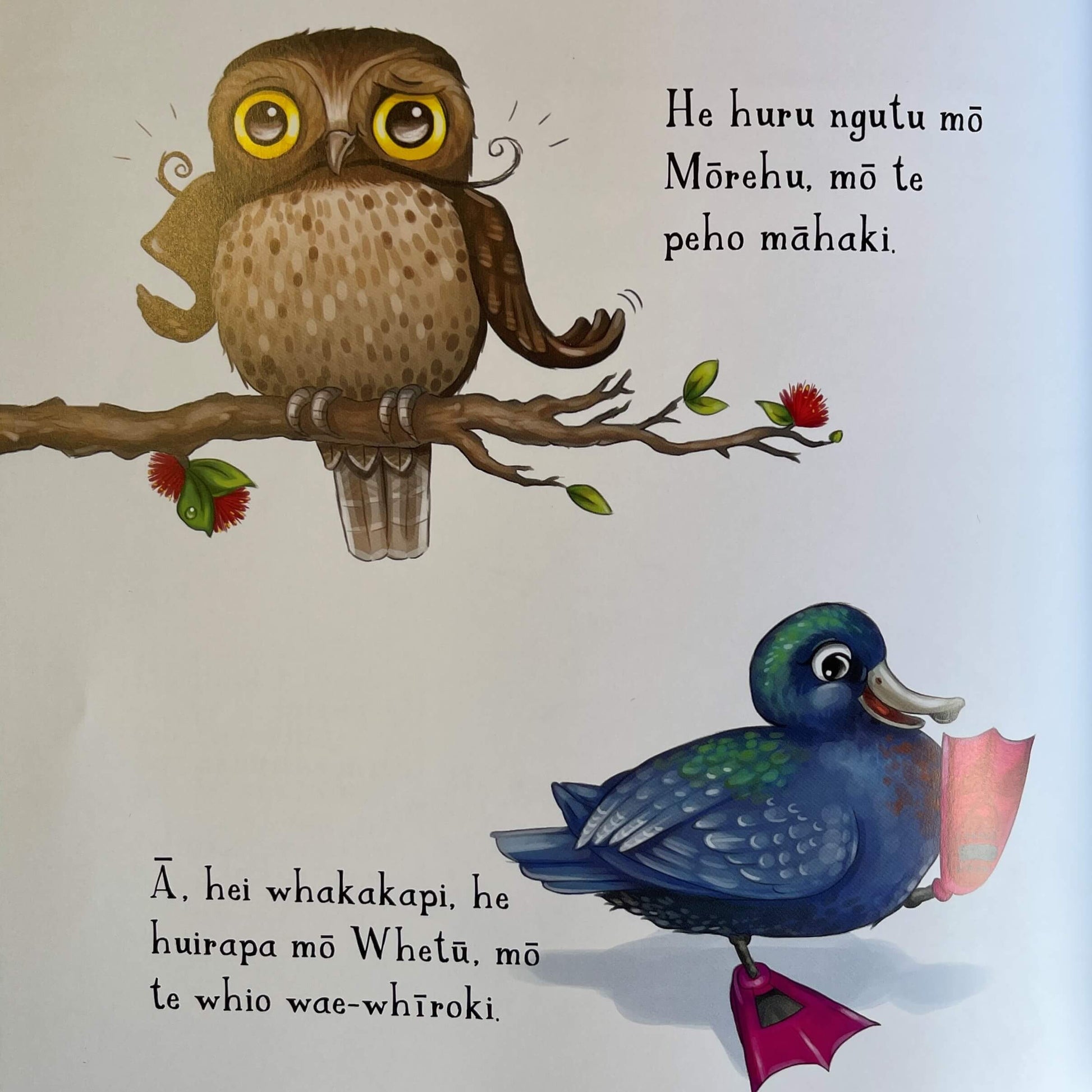 Page from Children's book Te Tou Piataata o Kuwi. The Te Reo Maori version of Kuwis Very Shiny Bum by Kat Merewether.