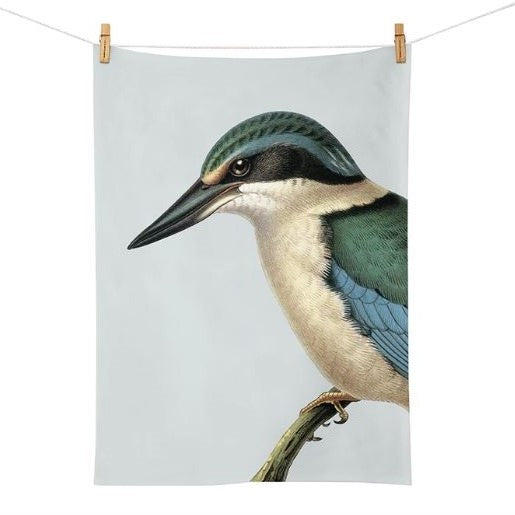 Pale blue tea towel with a Kingfisher bird on it.
