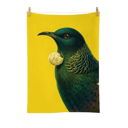 Bright yellow tea towel with a Tui on it.