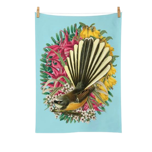 Tea towel with a Fantail and flowers on it.