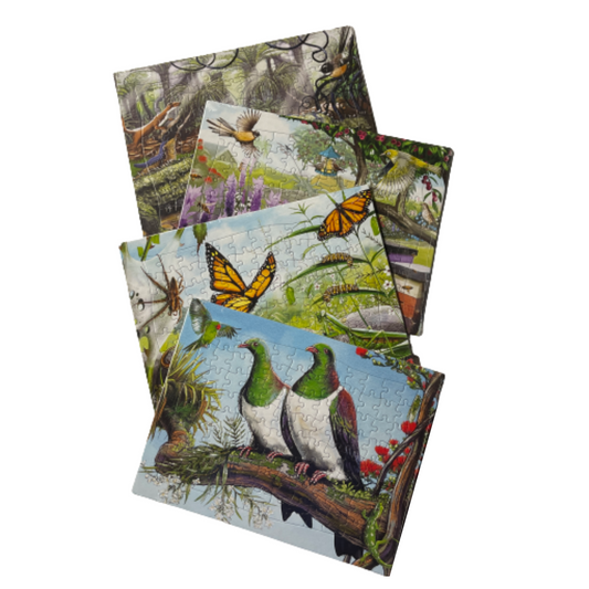 Selection of 4 jigsaw puzzles featuring New Zealand wildlife and insects.