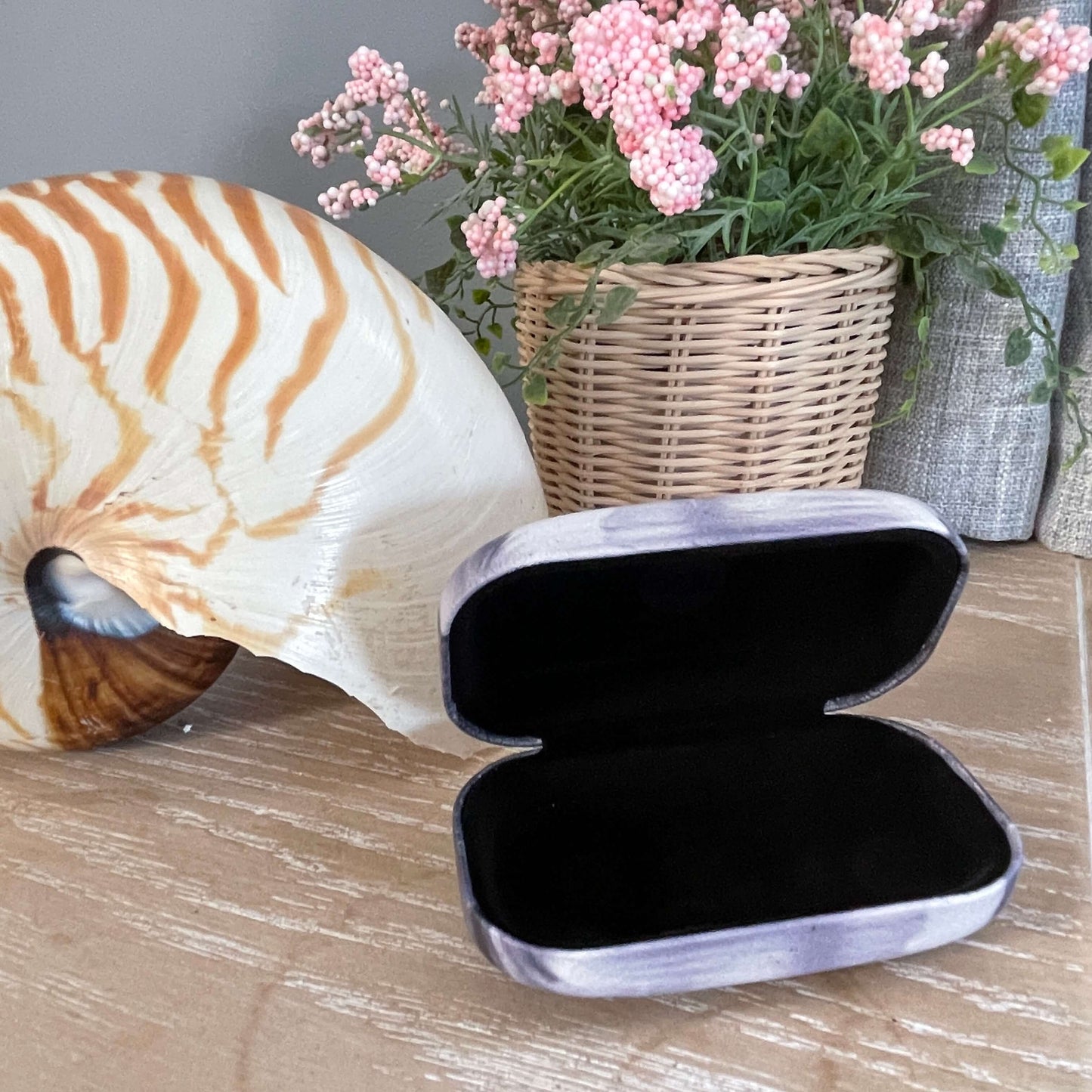 Small trinket case opened with black lining sitting on a table with a large shell and faux pot plant.