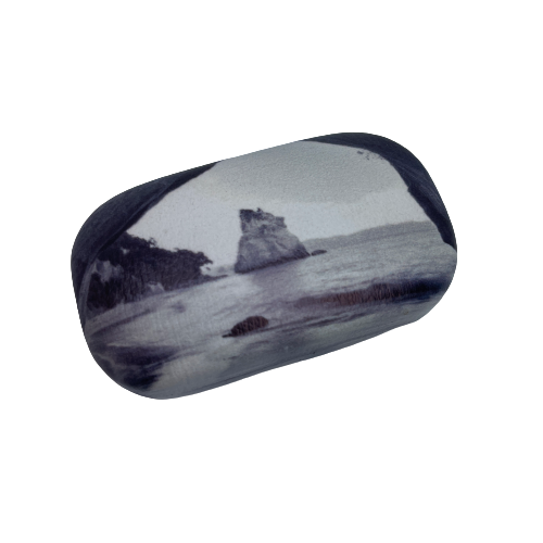 Small trinket case in monochrome with an image of Cathedral Cove on it.