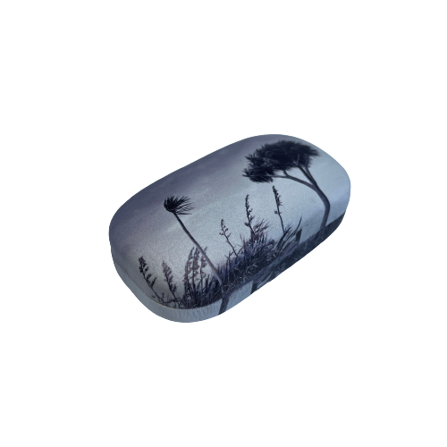 Small trinket case in monochrome with Cabbage trees on it.