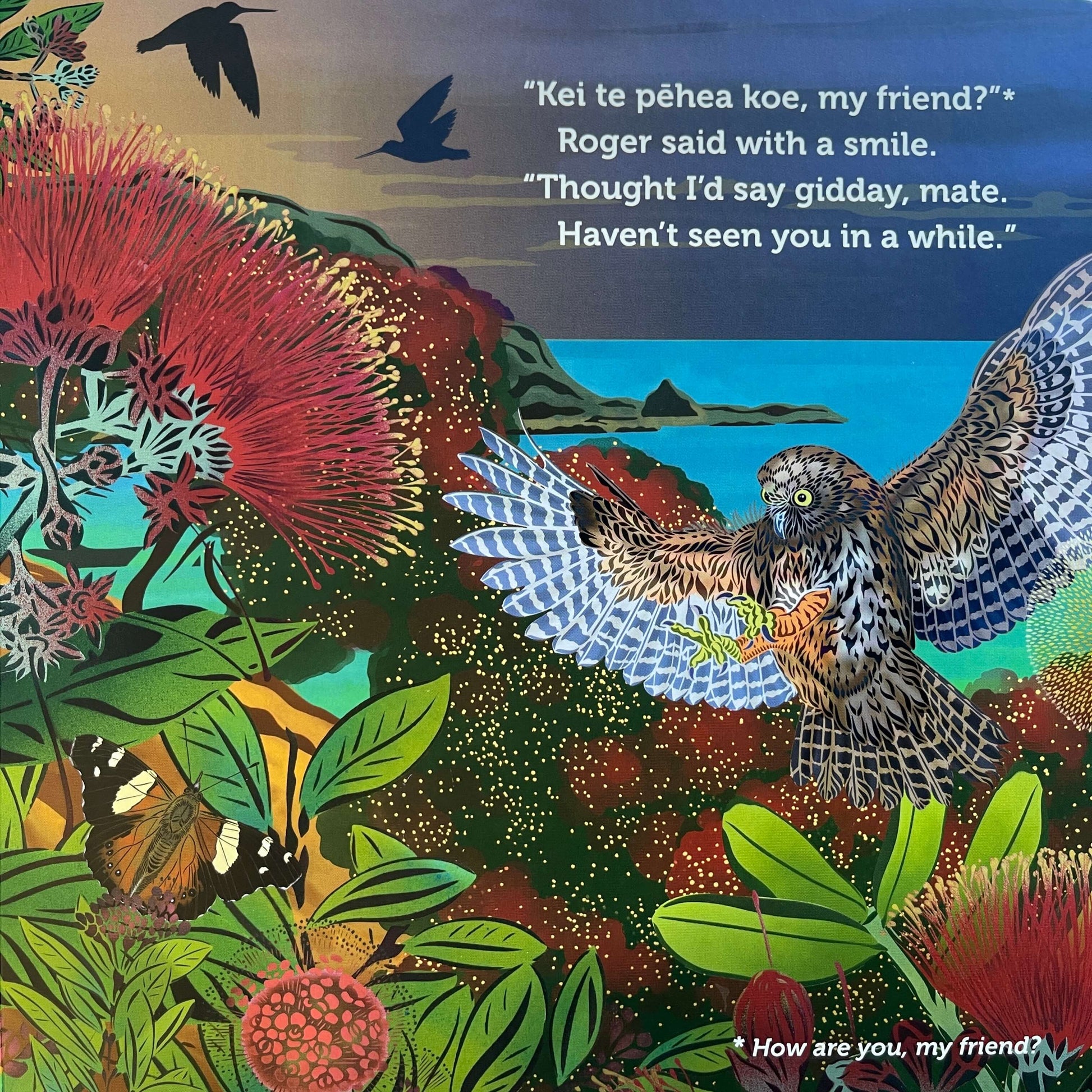 Page from Children's book Tu Meke Tuatara by Malcolm Clarke and illustrated by Flox.