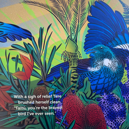 Page from Children's book Tu Meke Tui by Malcolm Clarke and illustrated by Flox.