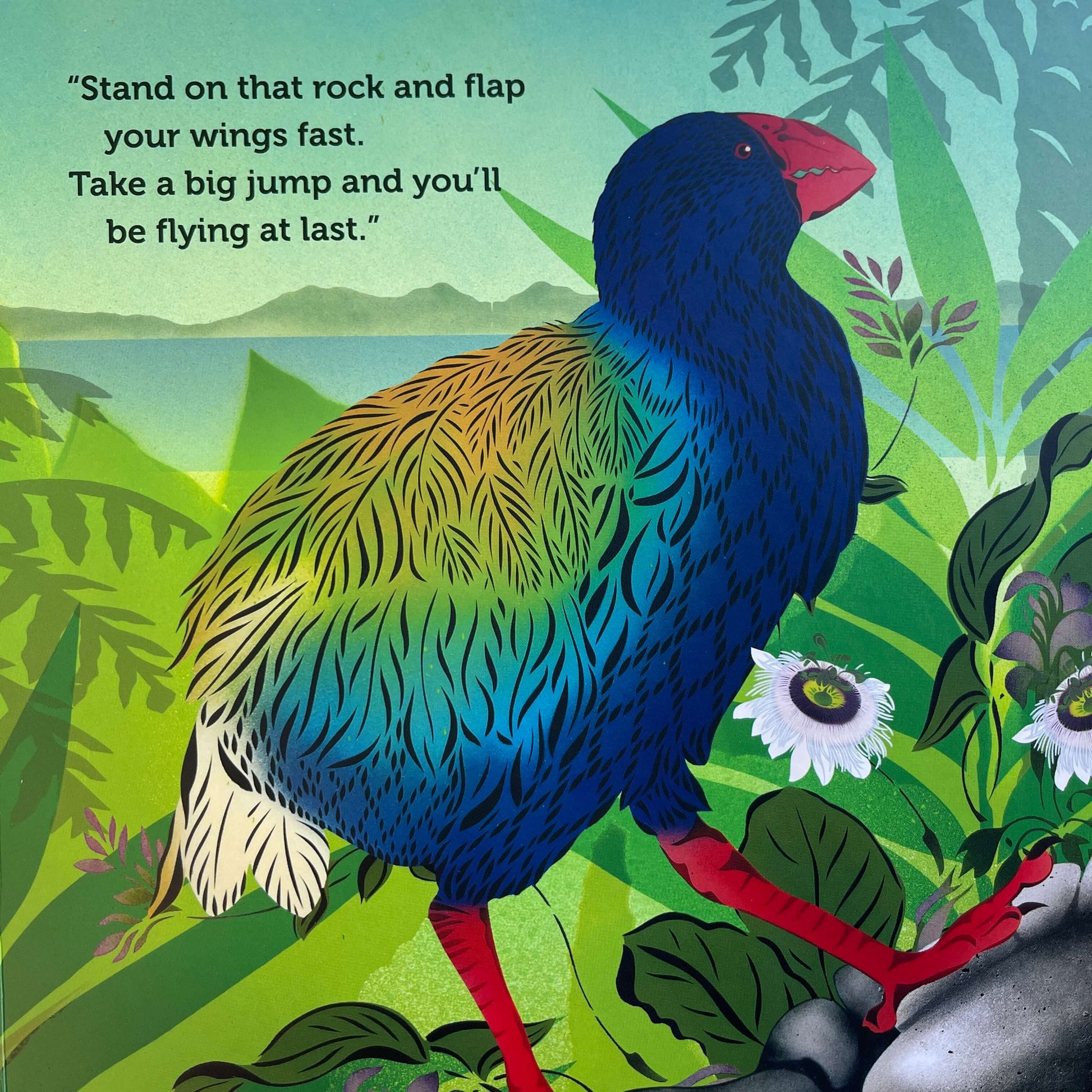 Page from Children's book Tu Meke Tui by Malcolm Clarke and illustrated by Flox.