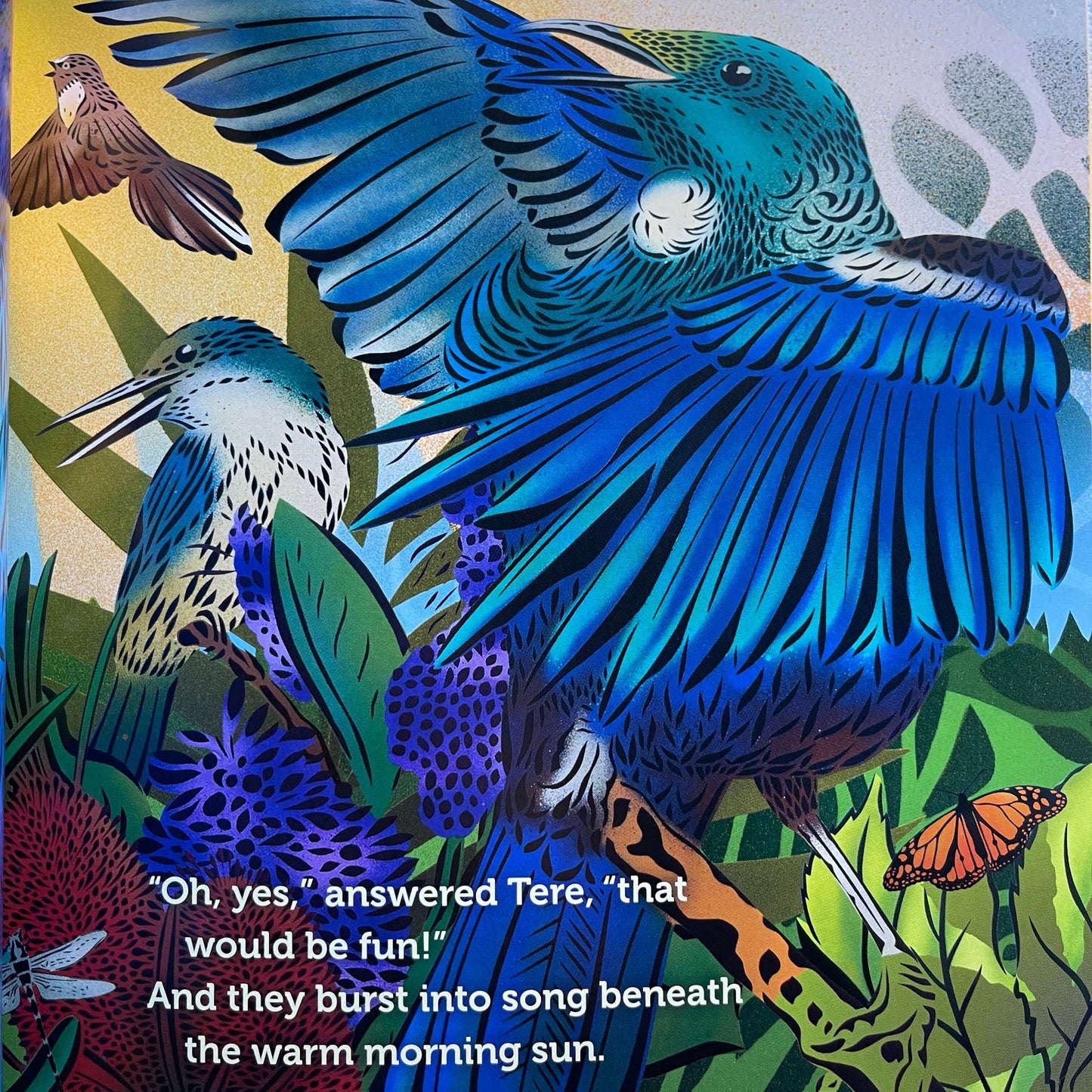 Page from Children's book Tu Meke Tui by Malcolm Clarke and illustrated by Flox.