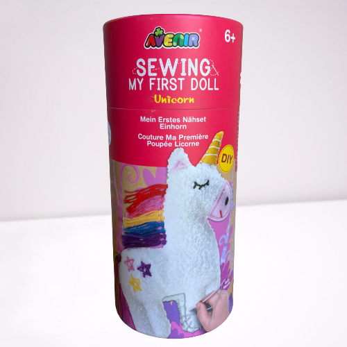 Childrens unicorn sewing kit in a cardboard tube.