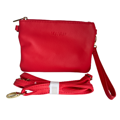 Red clutch and extra shoulder strap from Moana Rd.
