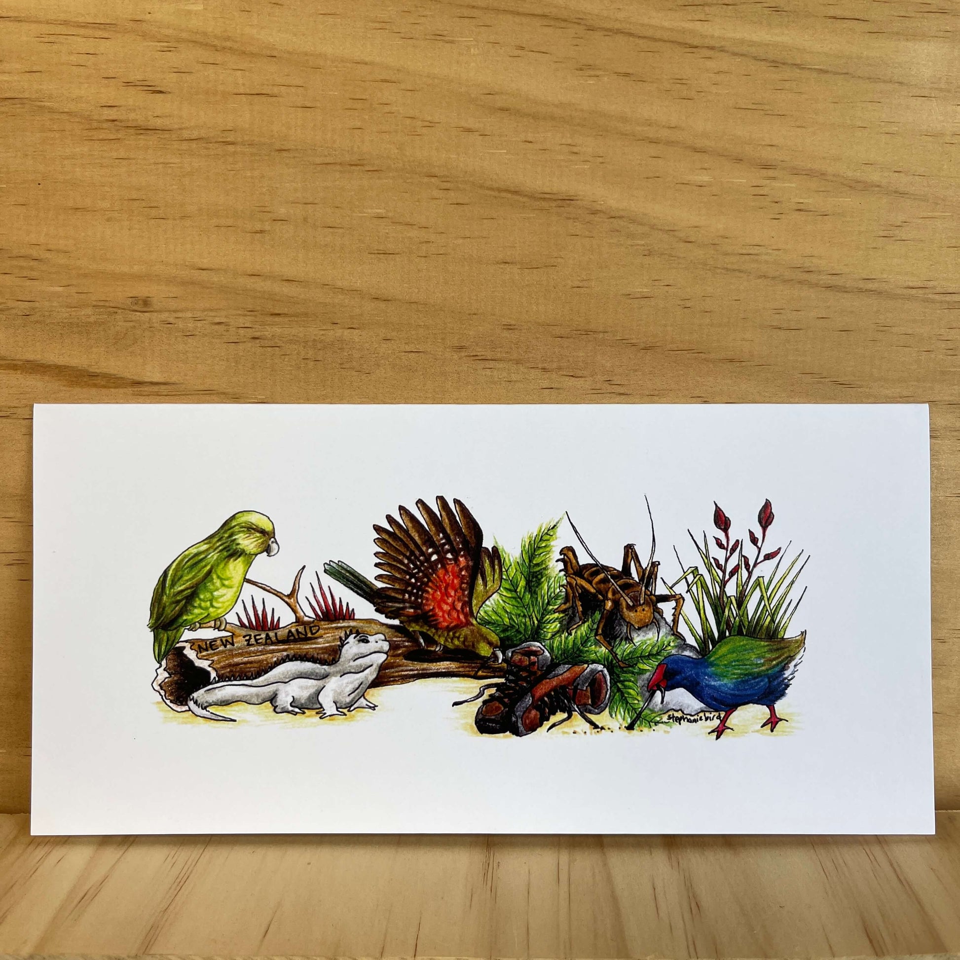 Greeting card with Kiwiana nature scene.