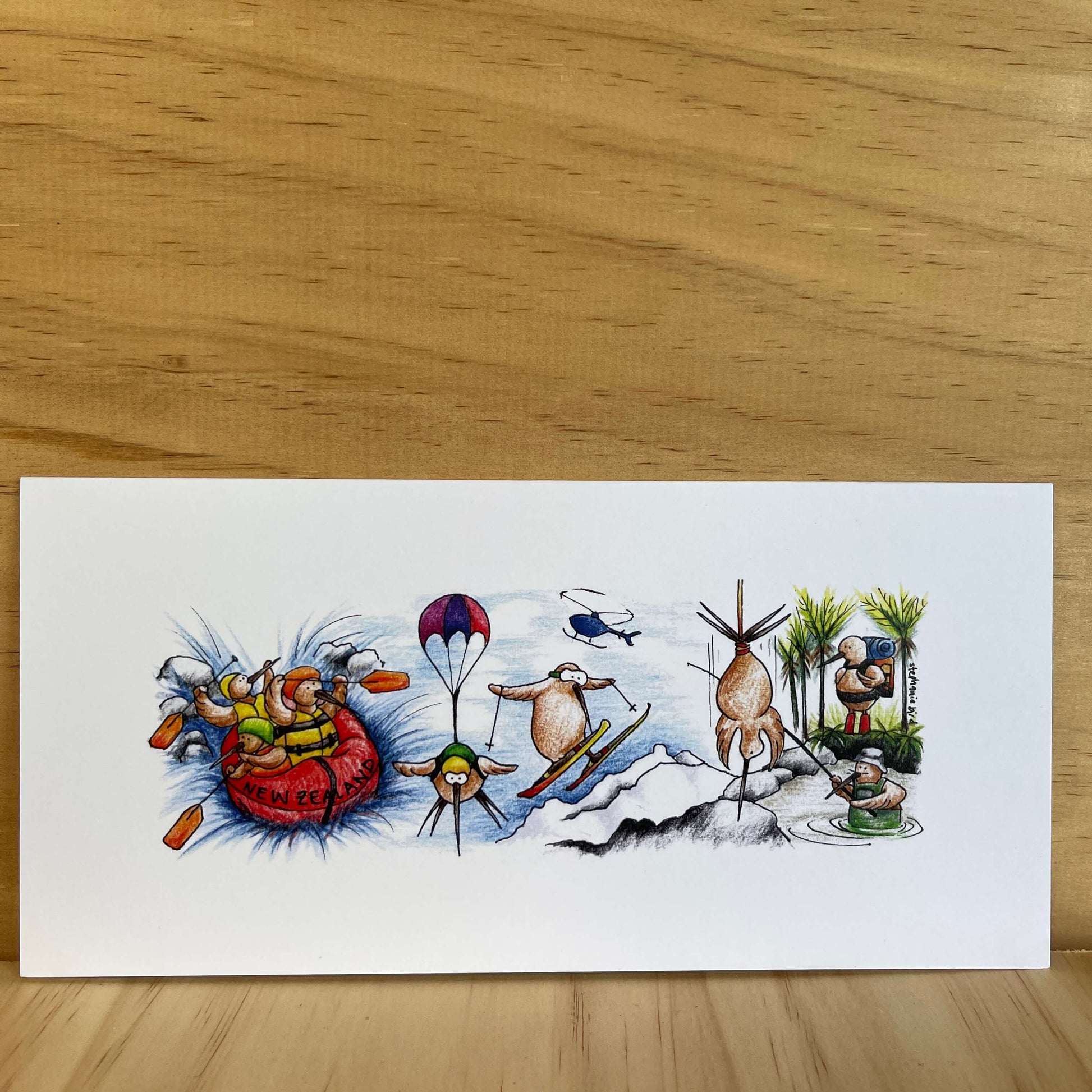 Greeting card with Kiwi birds skiing, hiking, bungy jumping and rafting.