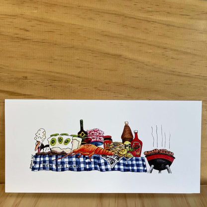 Greeting card with a classic Kiwi BBQ table and food.