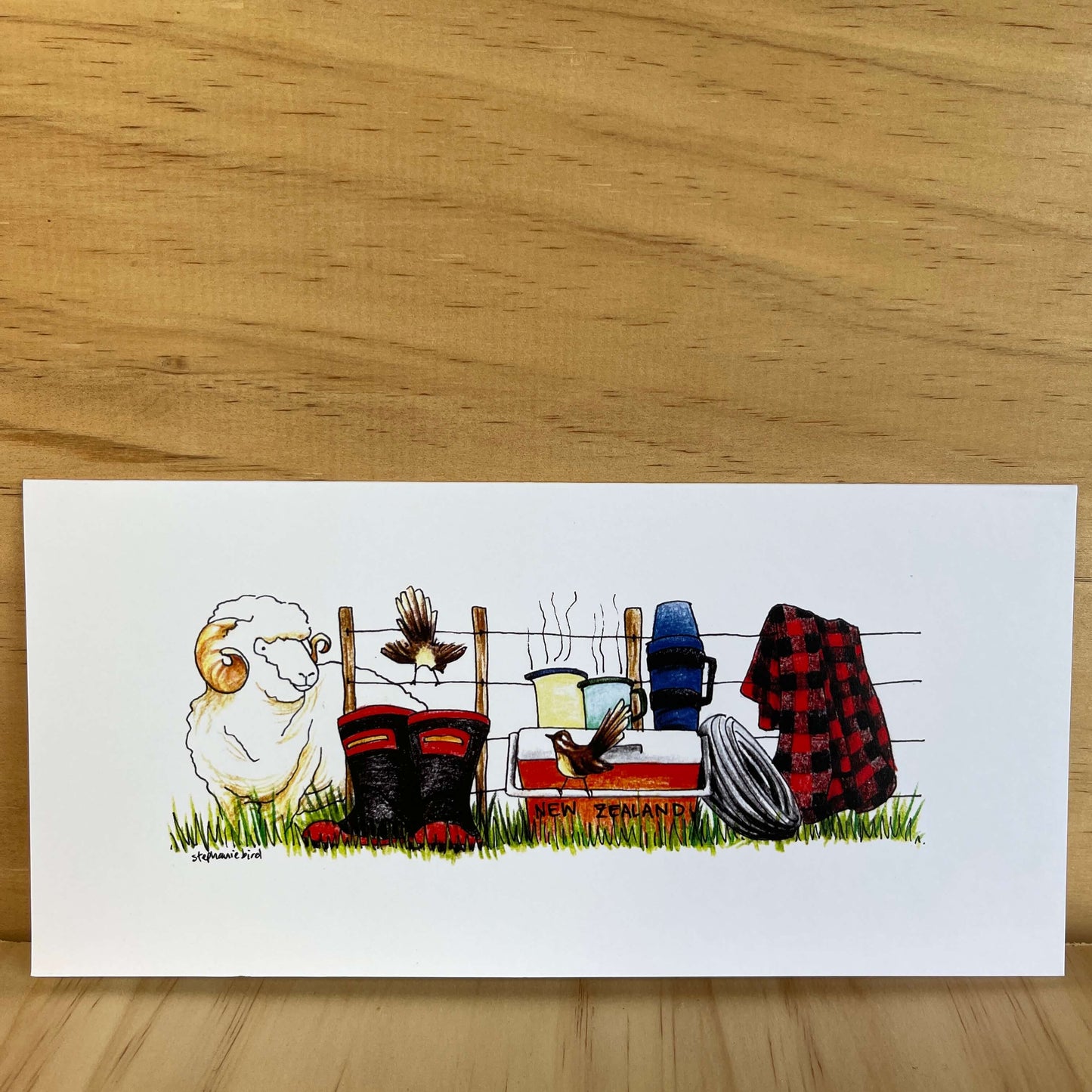 Greeting card with Kiwiana farming scene.