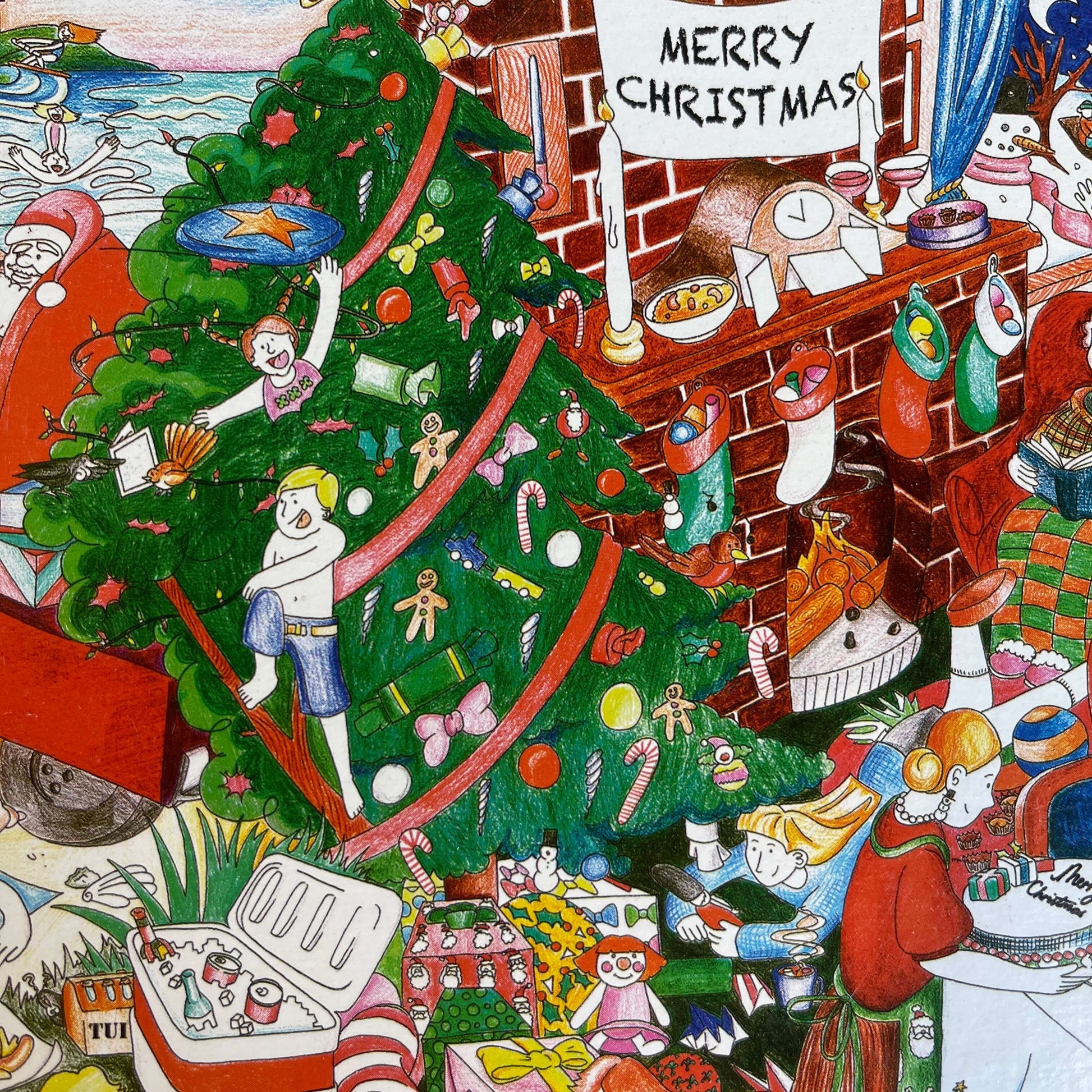 Close up of a jigsaw puzzle artwork featuring a Christmas scene..