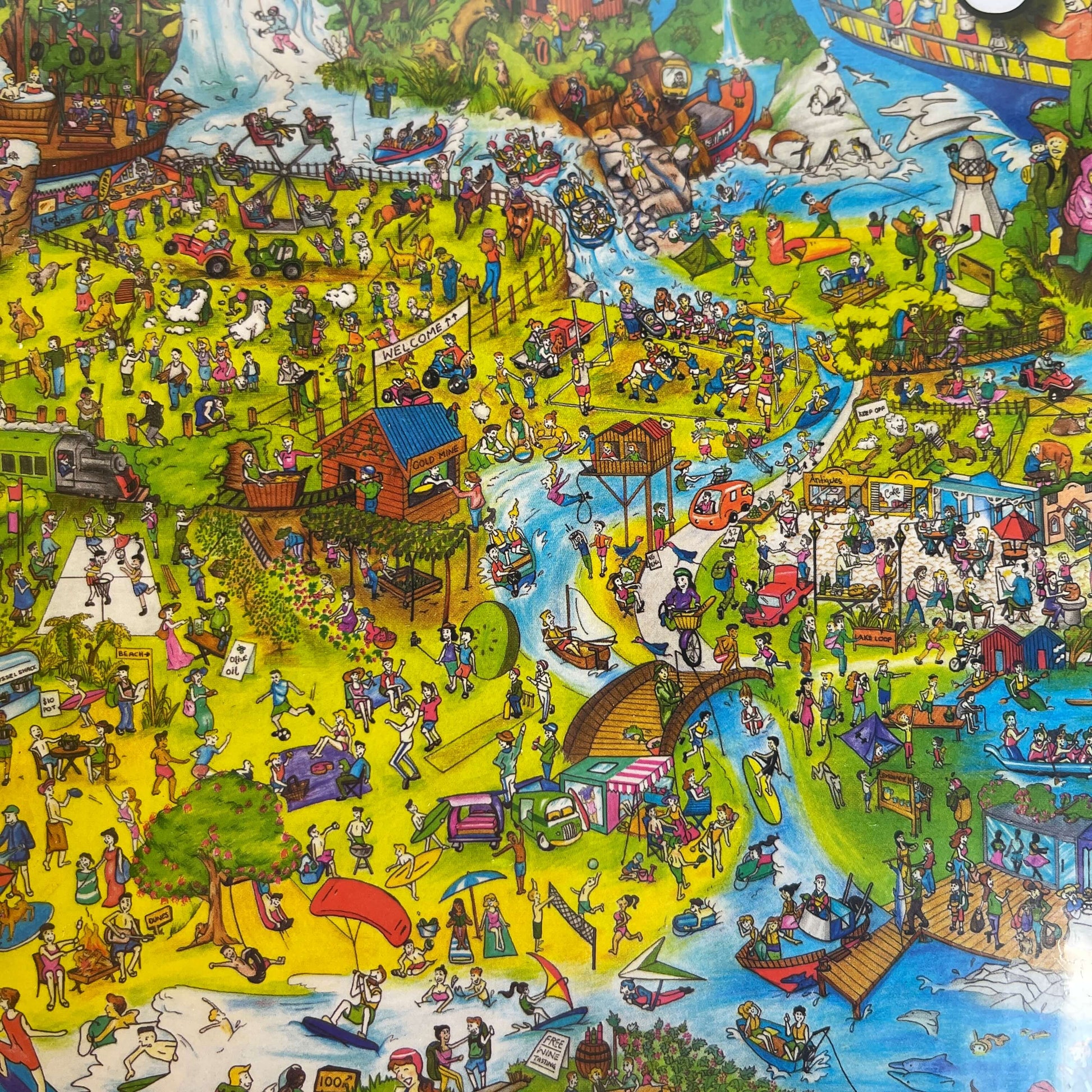 Close up of a Jigsaw puzzle artwork featuring a outdoor activities around New Zealand.