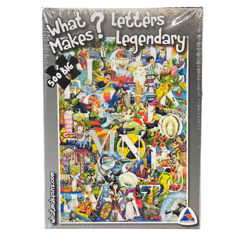 Jigsaw puzzle with artwork featuring the alphabet and iconic New Zealand characters.