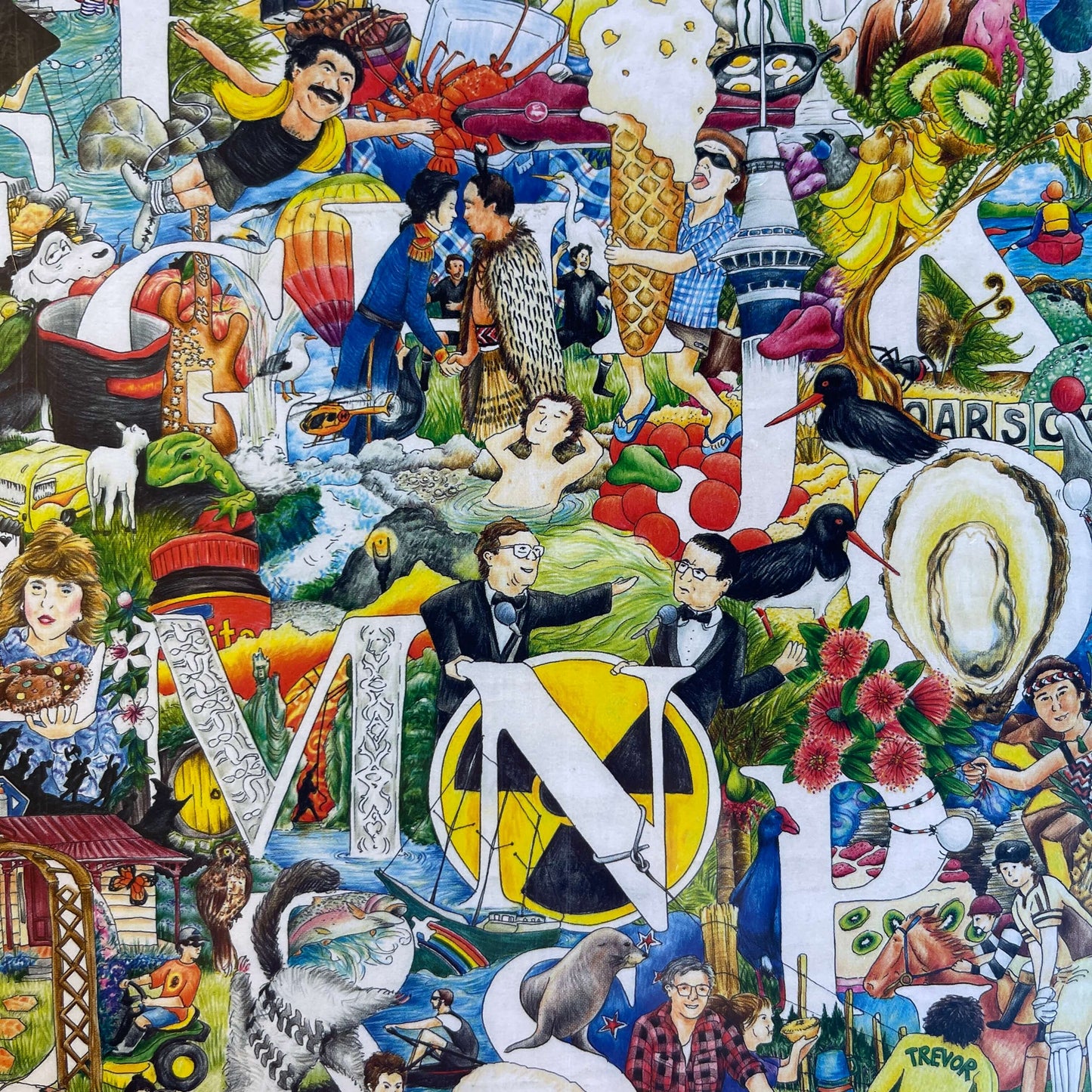 Close up of a Jigsaw puzzle with artwork featuring the alphabet and iconic New Zealand characters.