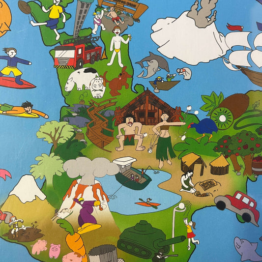 Close up of a Jigsaw puzzle with artwork featuring the North Island of New Zealand.