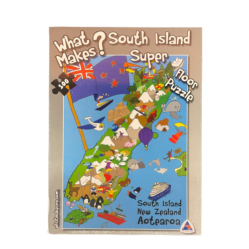 Jigsaw puzzle with artwork featuring the South Island of New Zealand.