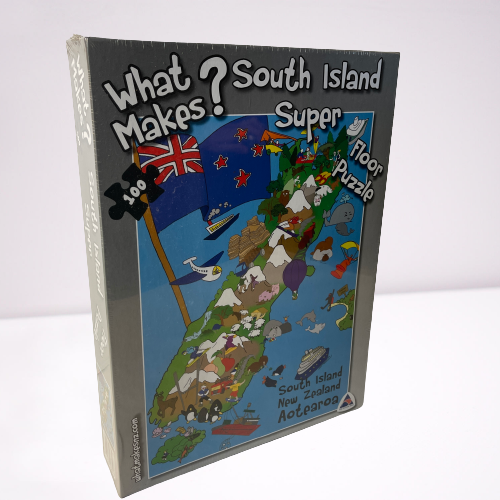 Jigsaw puzzle with artwork featuring the South Island of New Zealand.