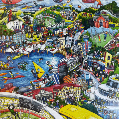 Close up of a Jigsaw puzzle with artwork featuring Wellington City.