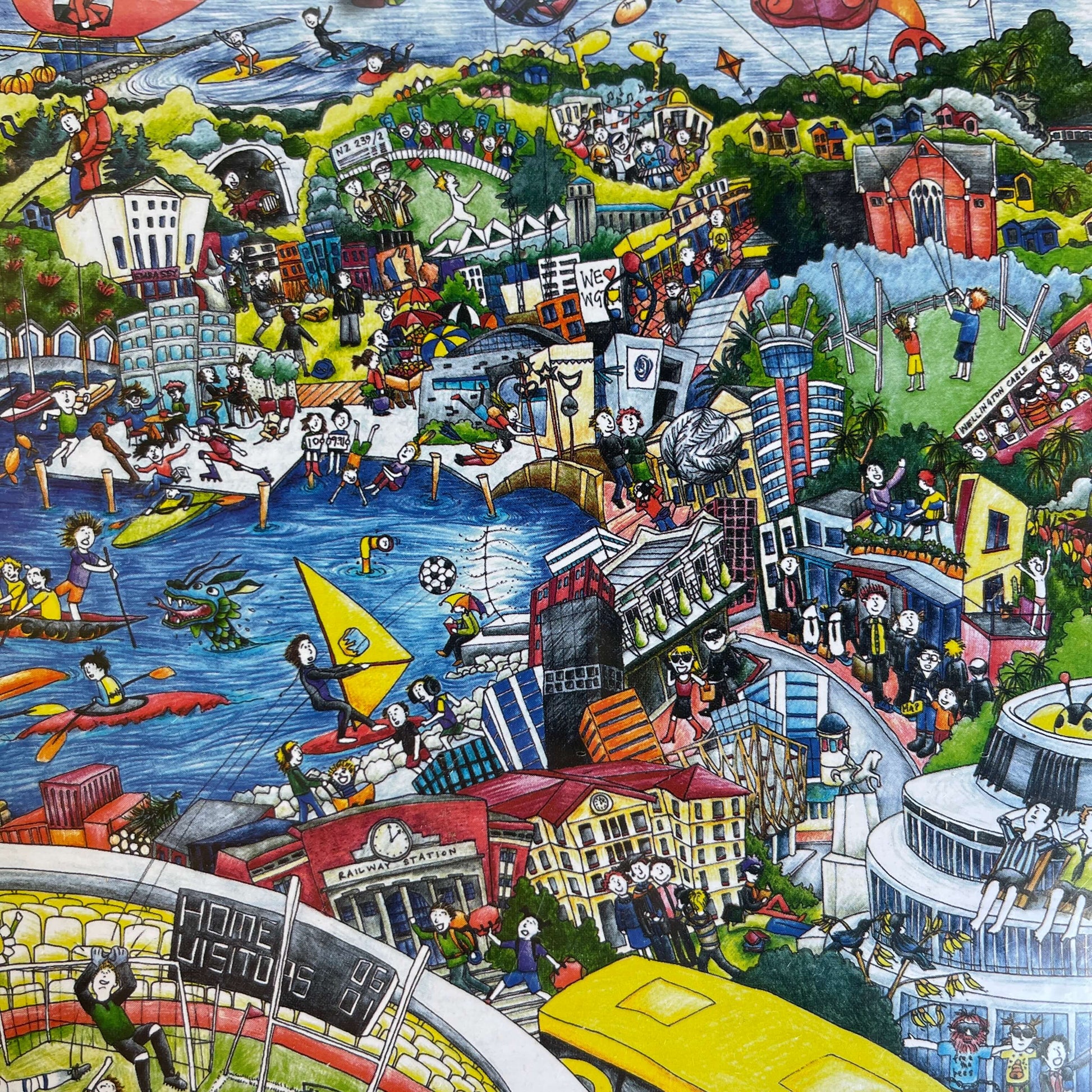 Close up of a Jigsaw puzzle with artwork featuring Wellington City.
