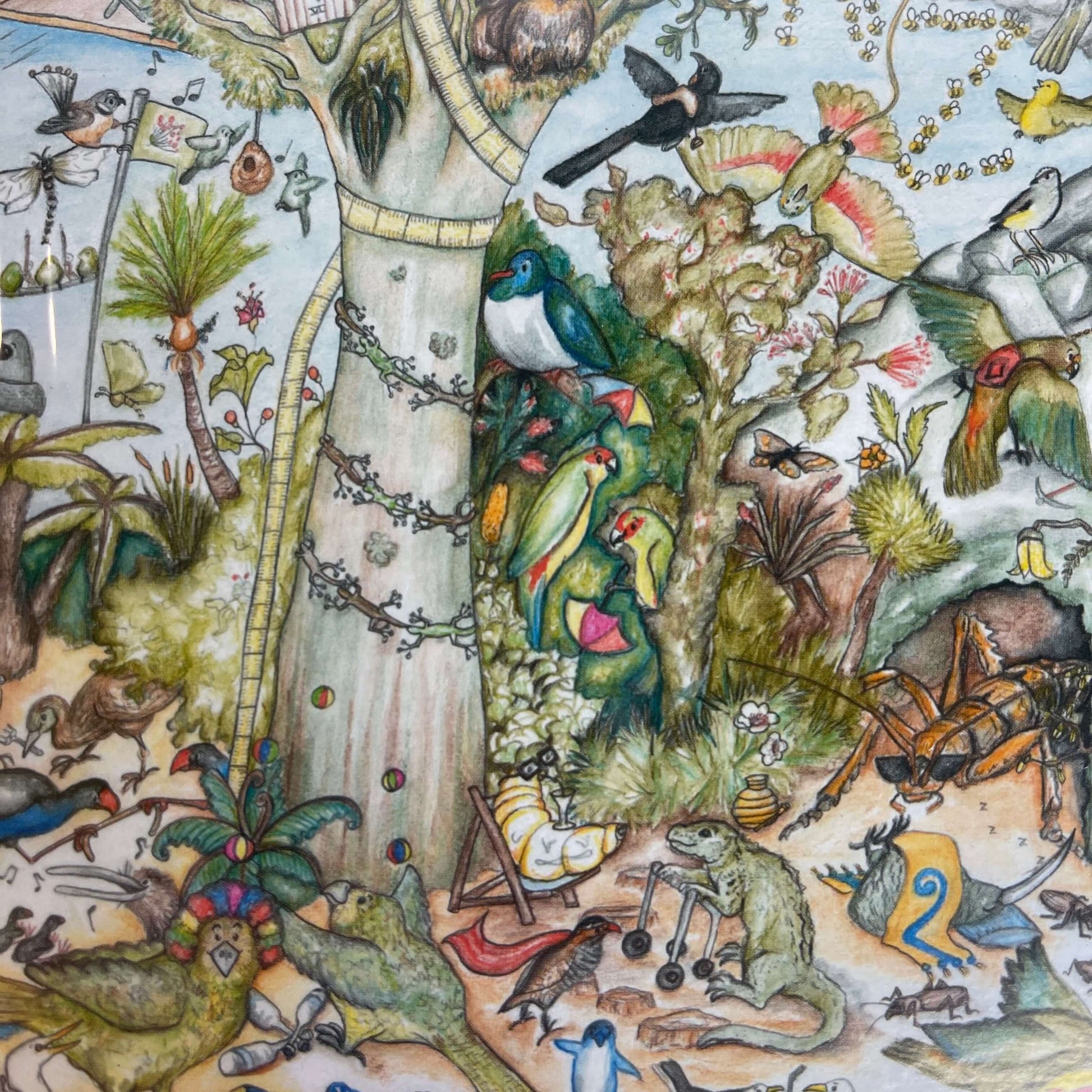 Close up of a Jigsaw puzzle with artwork featuring New Zealand wildlife.
