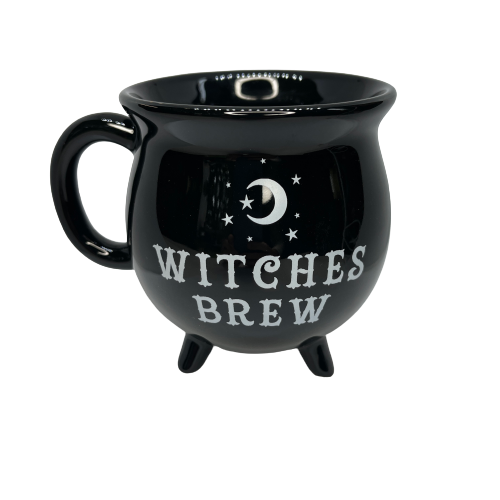 Black Cauldron shaped mug with "Witches Brew" in white text.