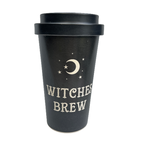 Black Bamboo Eco Travel Mug with white font saying "Witches Brew" on it.