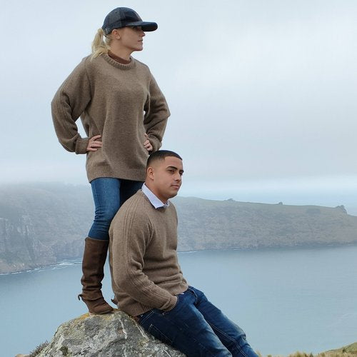 Couple wearing natural brown woolen jerseys from Wyld.
