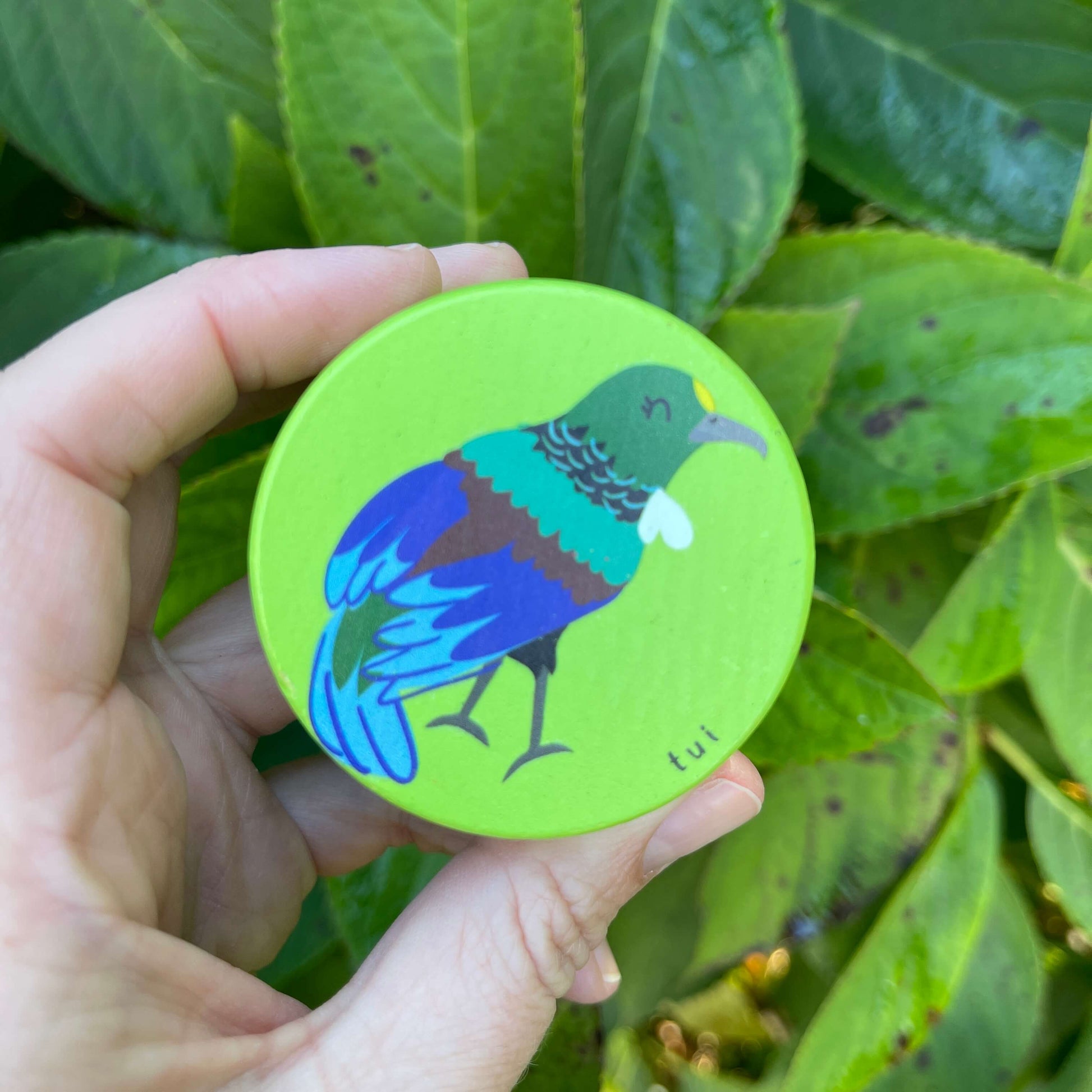 Womens hand holding a Bright green wooden yoyo with a Tui bird painted on it