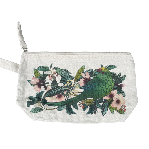 Vibrant Parakeet print on a cotton clutch purse.