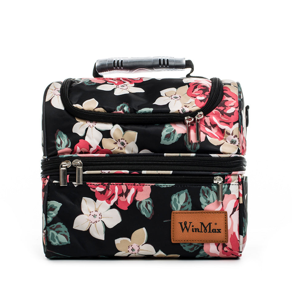 Winmax cooler bag in black with red and cream floral print.