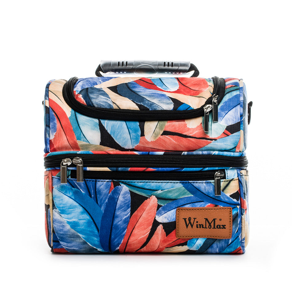 Winmax cooler bag in black with blue, yellow and orange feather print.